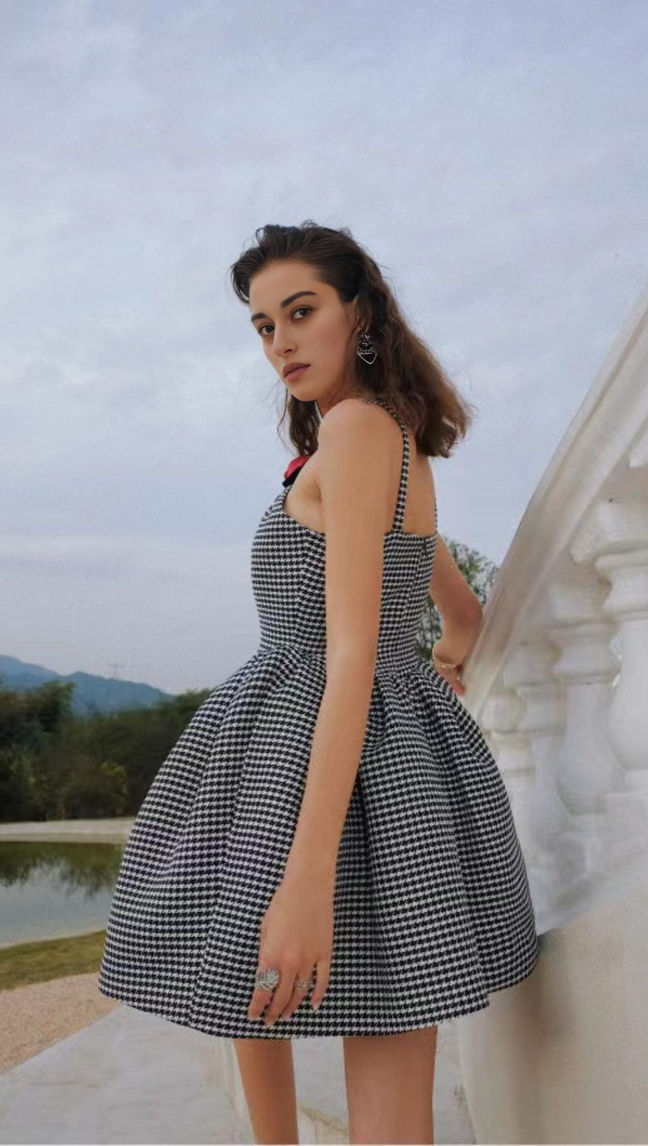 HALTER HOUNDSTOOTH BOW MINI A-LINE DRESS