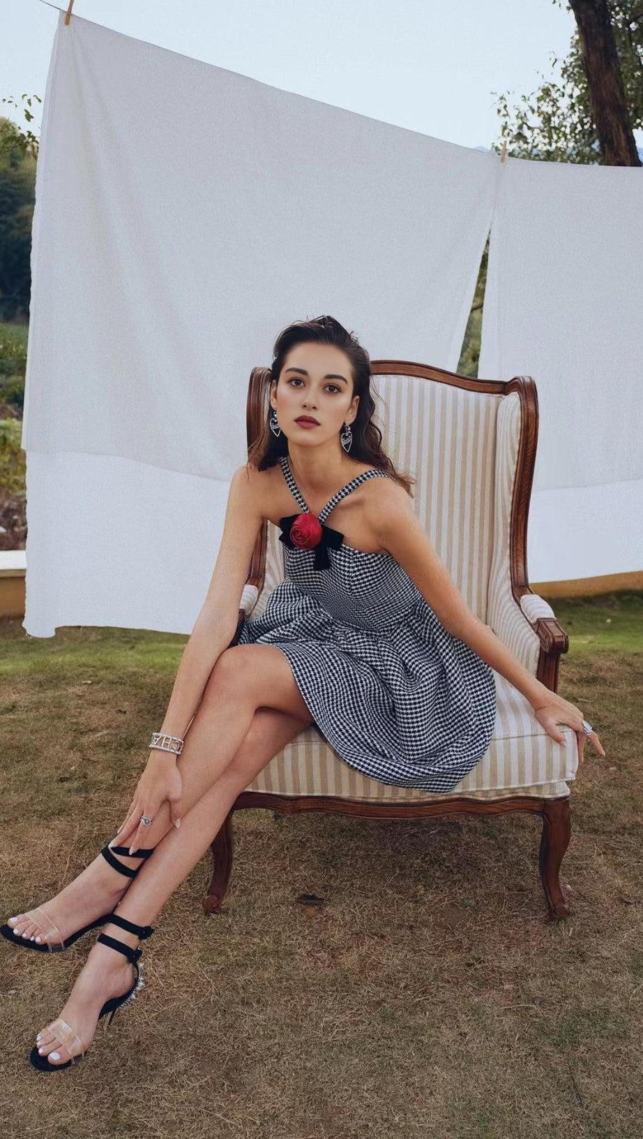 HALTER HOUNDSTOOTH BOW MINI A-LINE DRESS