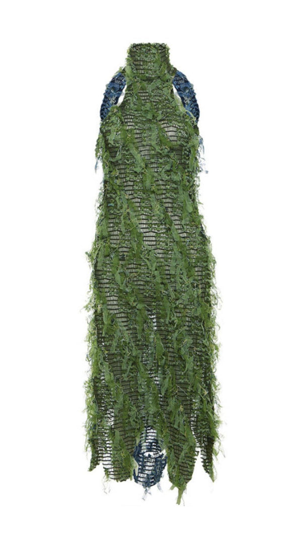 AIIZIE HALTERNECK BACKLESS HOLLOW MIDI DRESS IN GREEN - product image