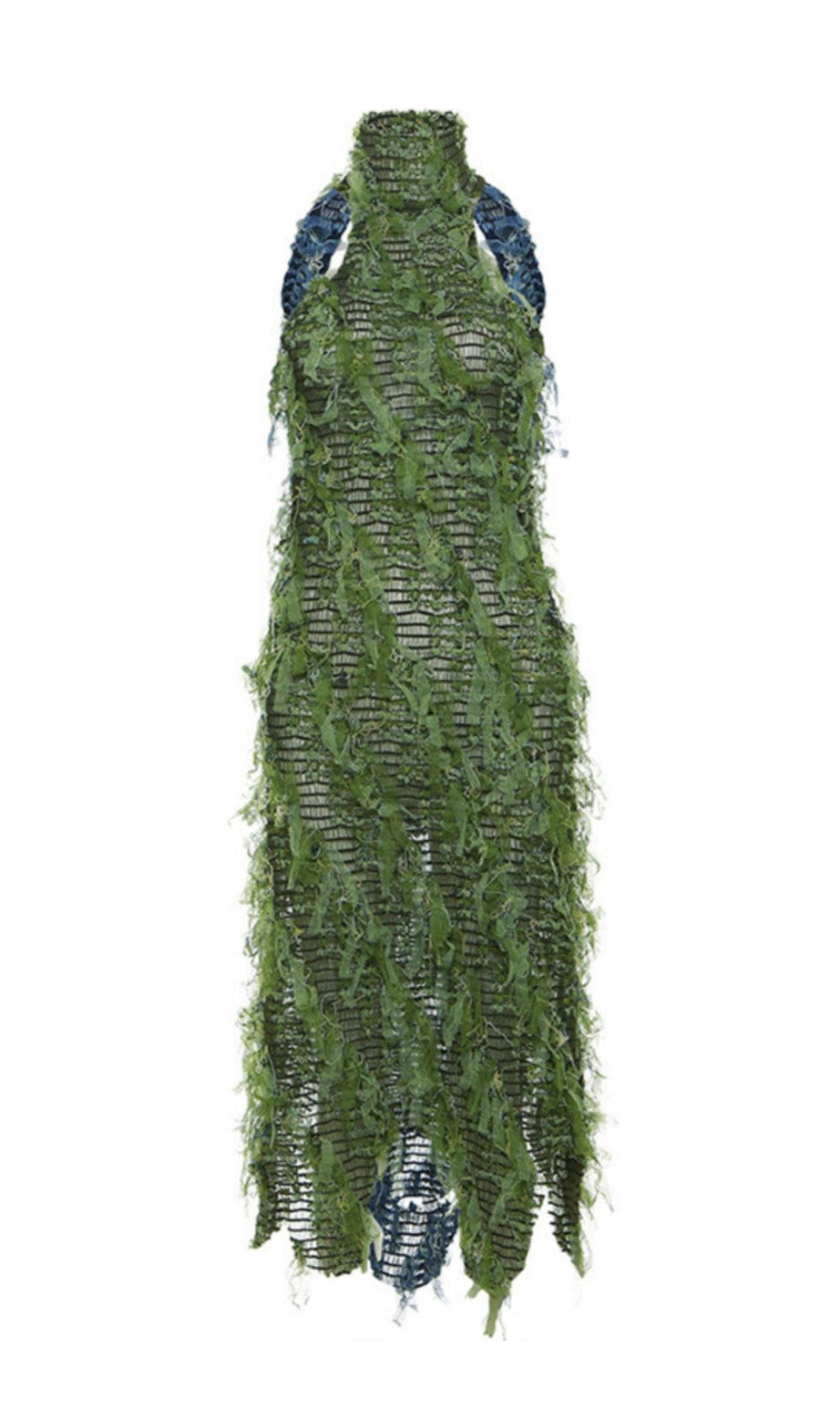 ABITO MIDI VERDE CON SCOLLO ALTO E SCHIENA SENZA CUCITURE