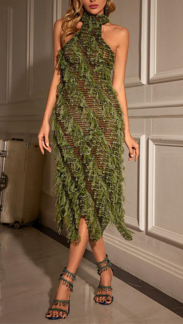 AIIZIE HALTERNECK BACKLESS HOLLOW MIDI DRESS IN GREEN - product image