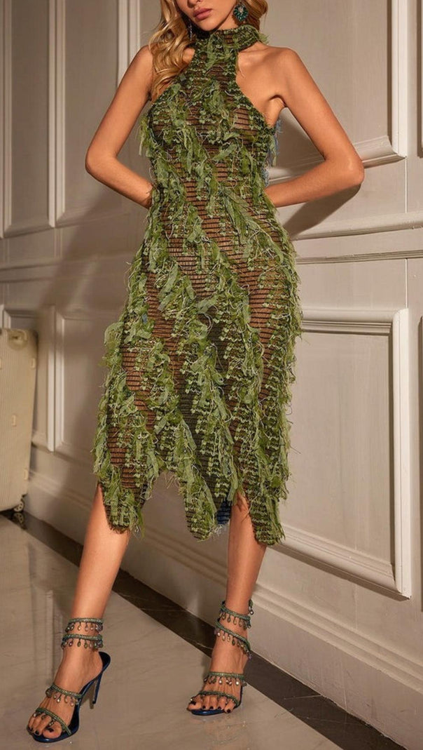 AIIZIE HALTERNECK BACKLESS HOLLOW MIDI DRESS IN GREEN - product image