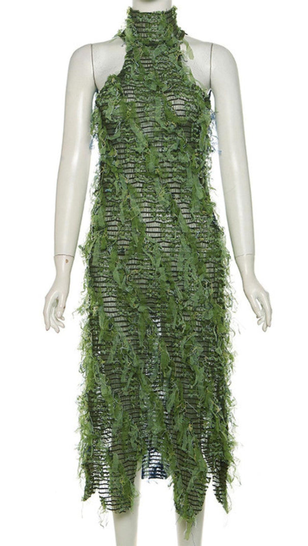 AIIZIE HALTERNECK BACKLESS HOLLOW MIDI DRESS IN GREEN - product image
