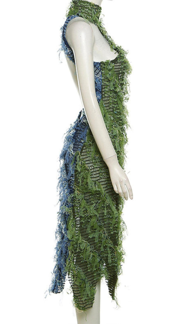 AIIZIE HALTERNECK BACKLESS HOLLOW MIDI DRESS IN GREEN - product image