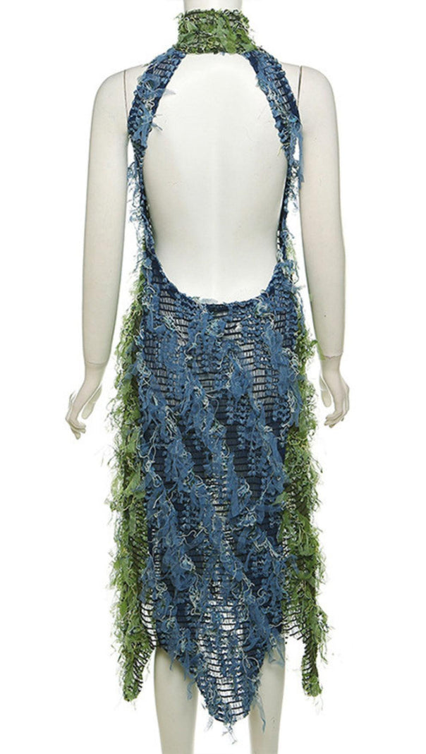AIIZIE HALTERNECK BACKLESS HOLLOW MIDI DRESS IN GREEN - product image