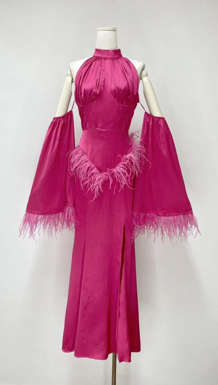 HALTERNECK FEATHER SATIN DRESS IN PINK
