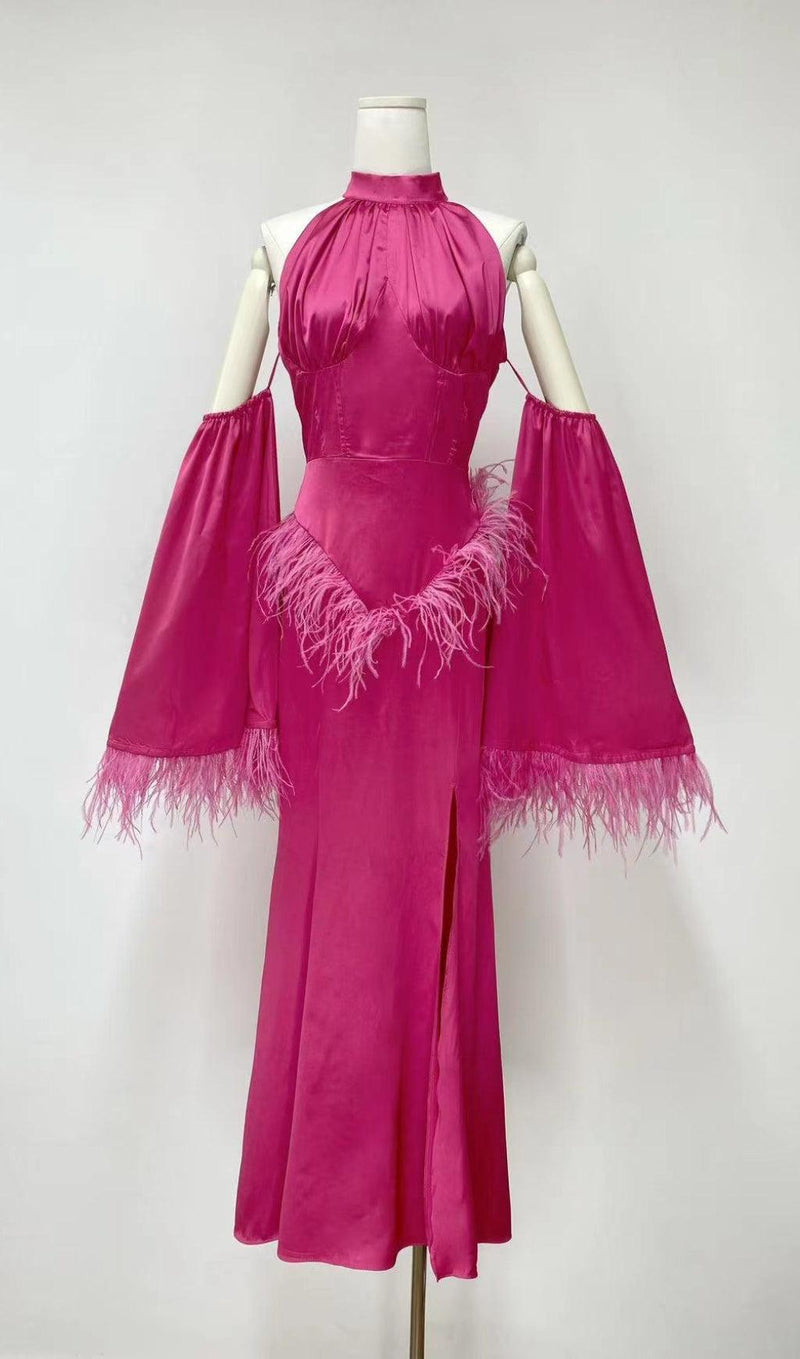 HALTERNECK FEATHER SATIN DRESS IN PINK