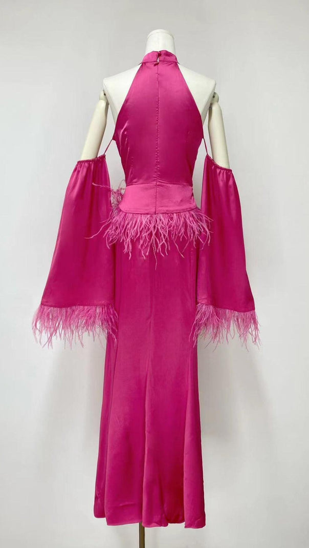 AIIZIE HALTERNECK FEATHER SATIN DRESS IN PINK - product image