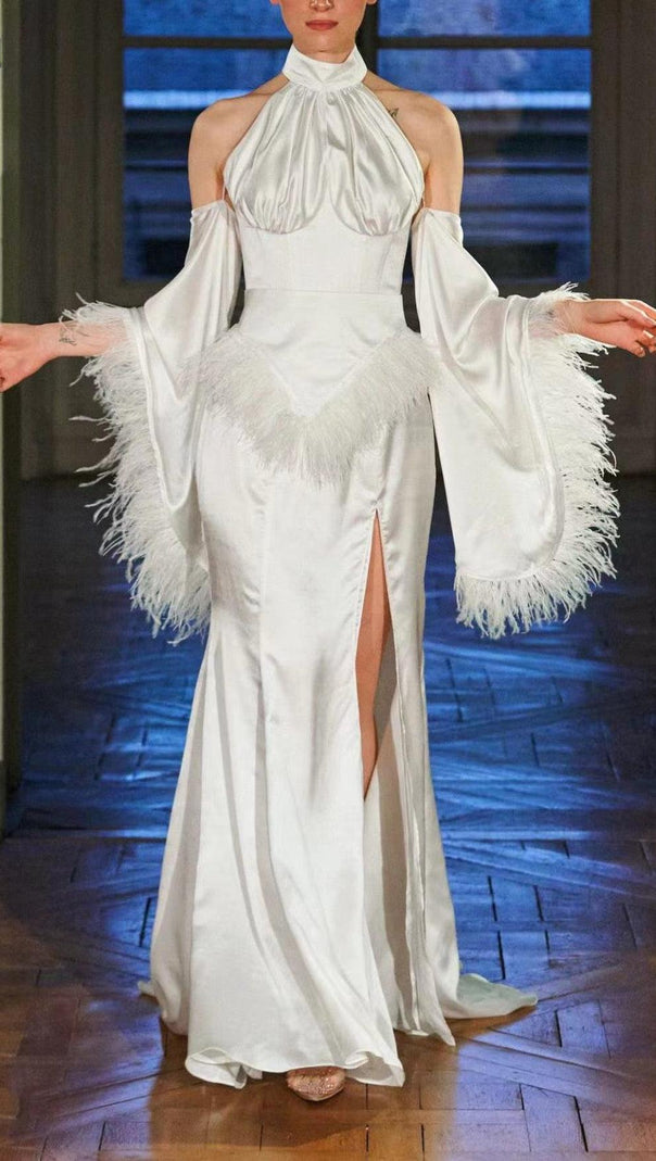 AIIZIE HALTERNECK FEATHER SATIN DRESS IN WHITE - product image