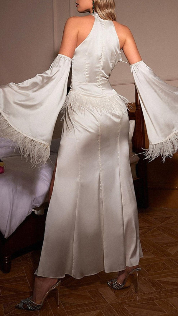 AIIZIE HALTERNECK FEATHER SATIN DRESS IN WHITE - product image