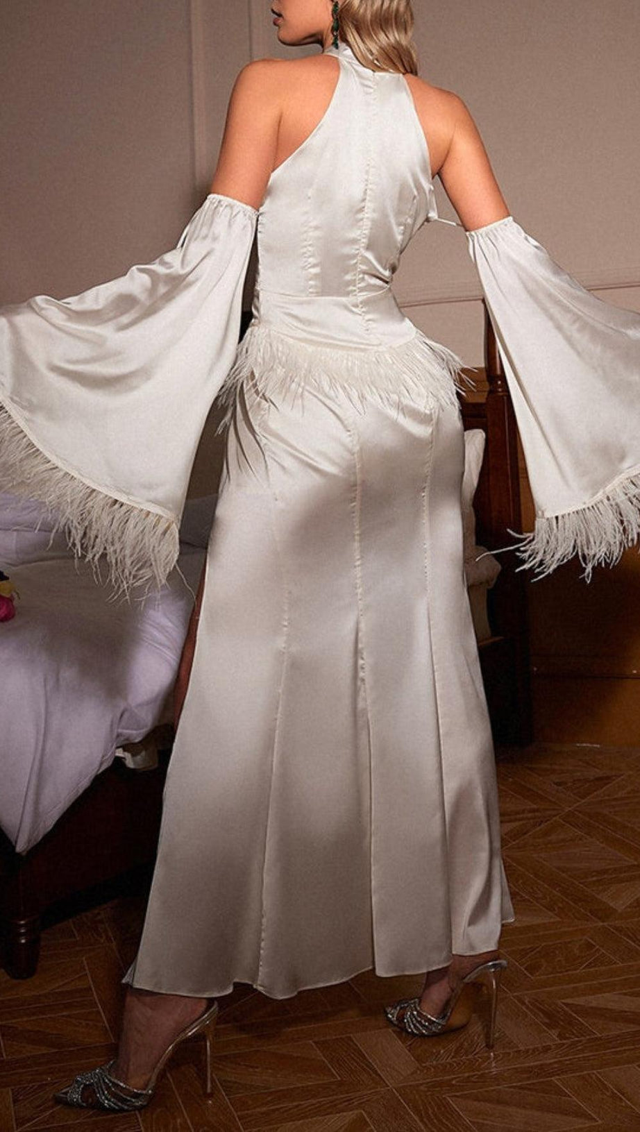HALTERNECK FEATHER SATIN DRESS IN WHITE