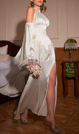 HALTERNECK FEATHER SATIN DRESS IN WHITE