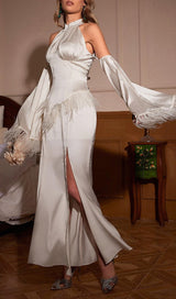 HALTERNECK FEATHER SATIN DRESS IN WHITE