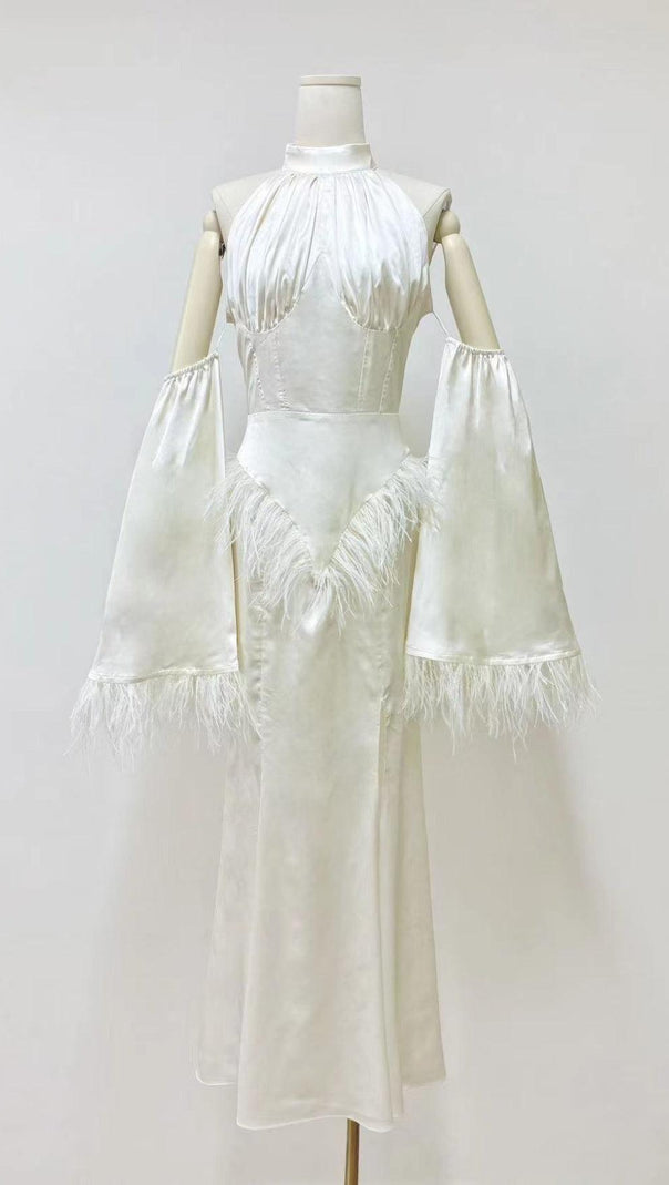 AIIZIE HALTERNECK FEATHER SATIN DRESS IN WHITE - product image