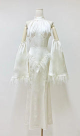 HALTERNECK FEATHER SATIN DRESS IN WHITE