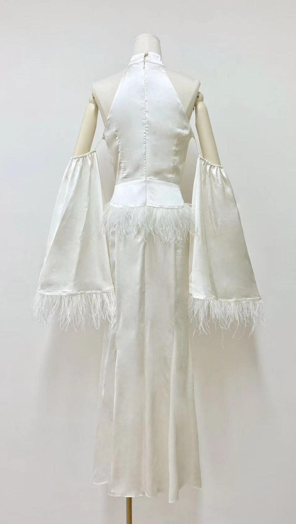 AIIZIE HALTERNECK FEATHER SATIN DRESS IN WHITE - product image
