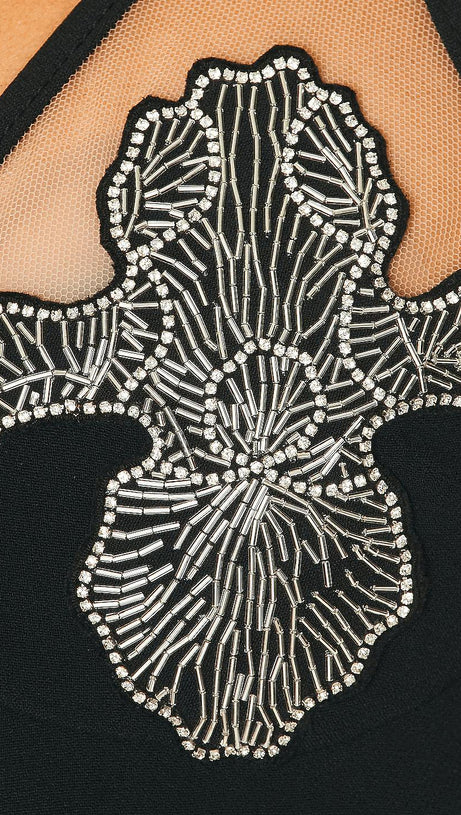 CRYSTAL IRIS EMBROIDERY MINI DRESS IN BLACK