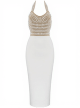 Isabella Halterneck Pearls Bandage Dress In Beige