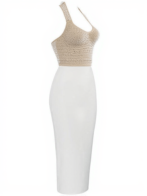 ISABELLA HALTERNECK PEARLS BANDAGE DRESS IN BEIGE