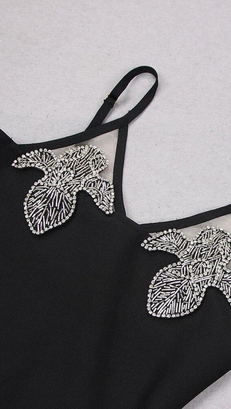 CRYSTAL IRIS EMBROIDERY MINI DRESS IN BLACK