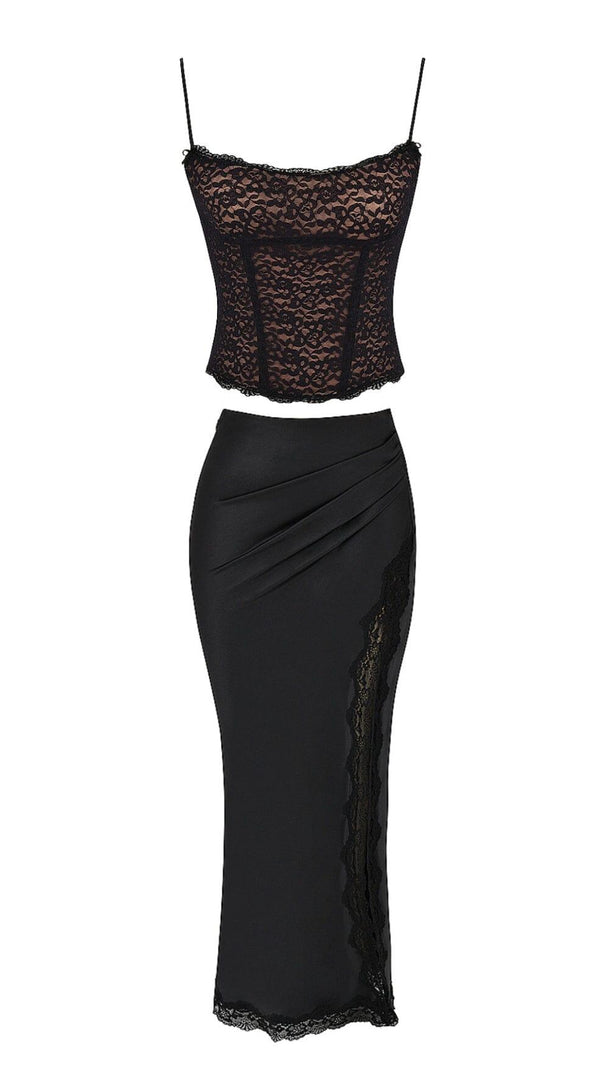 AIIZIE RUBY BLACK SATIN LACE TRIM TWO PIECE MIDI DRESS - product image