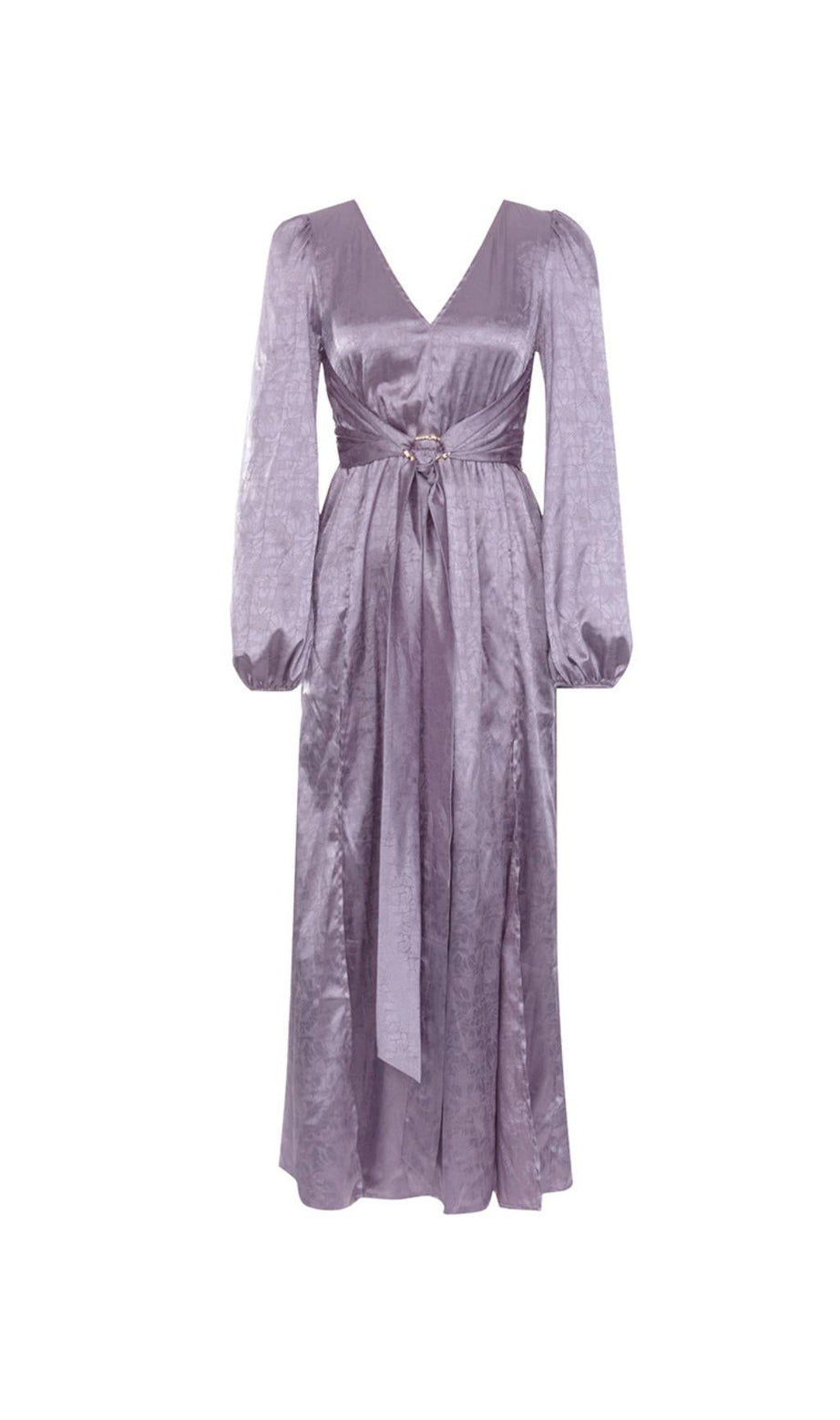 JACQUARD-MAXIKLEID MIT LATERNENÄRMELN UND GESPLITTETEM OBERSCHENKEL 