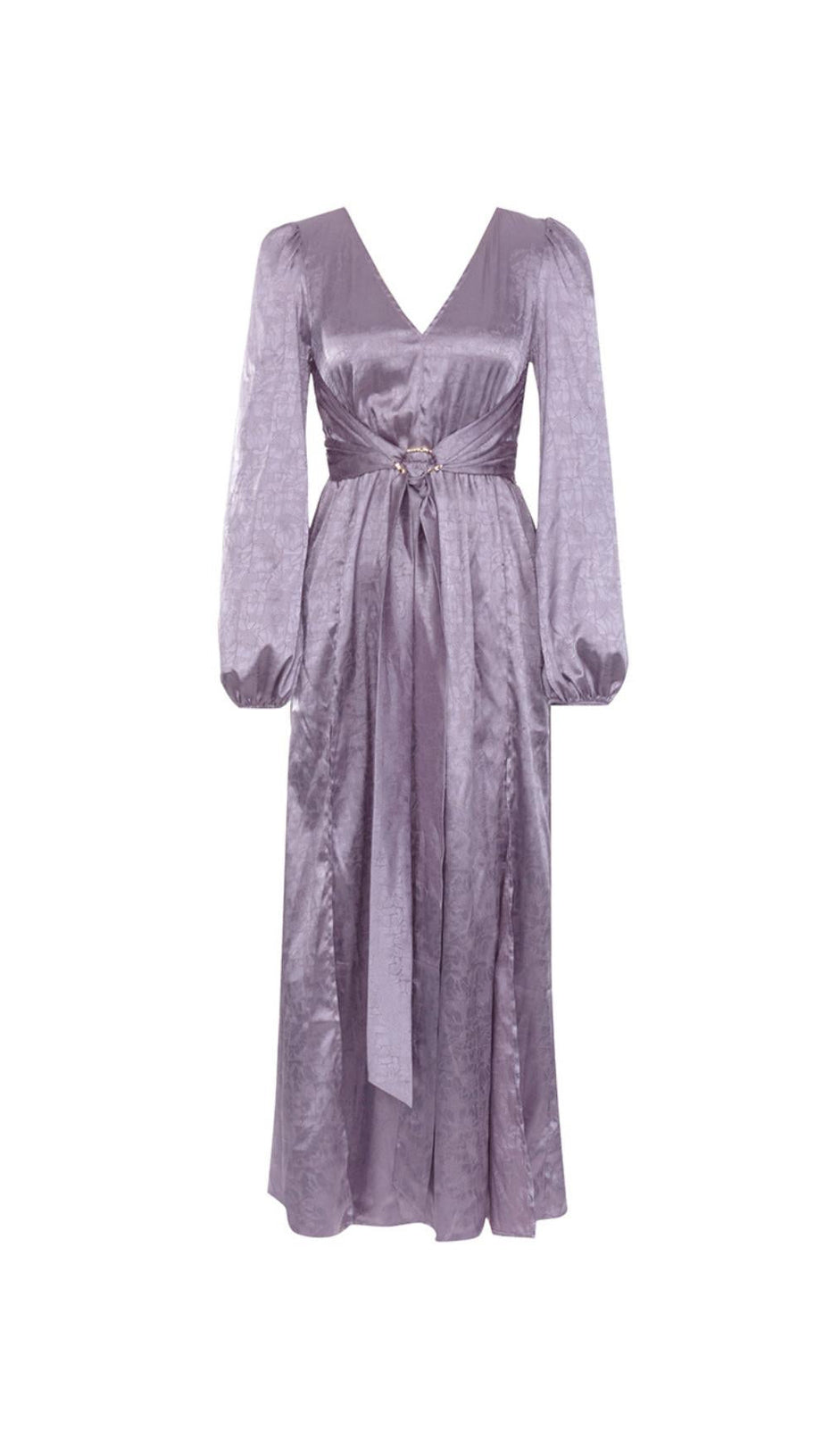 JACQUARD LANTERN SLEEVE SPLIT THIGH MAXI DRESS