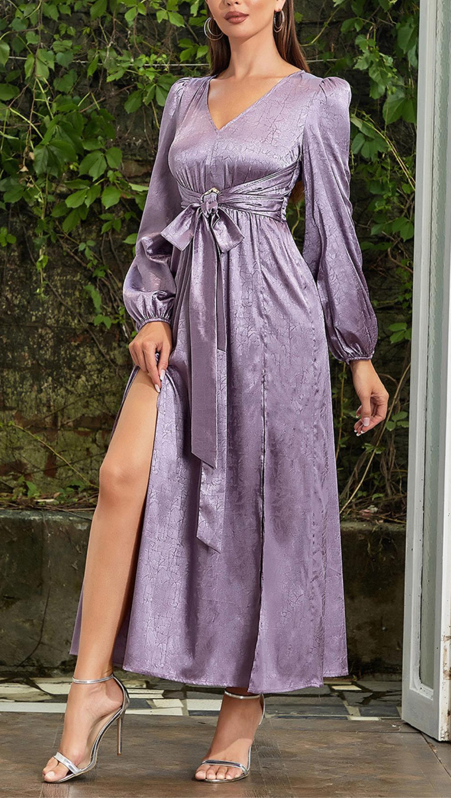 JACQUARD LANTERN SLEEVE SPLIT THIGH MAXI DRESS