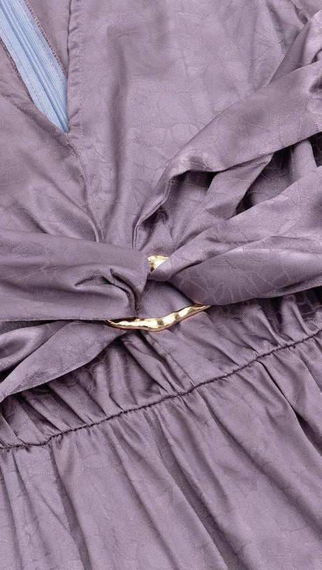 JACQUARD LANTERN SLEEVE SPLIT THIGH MAXI DRESS