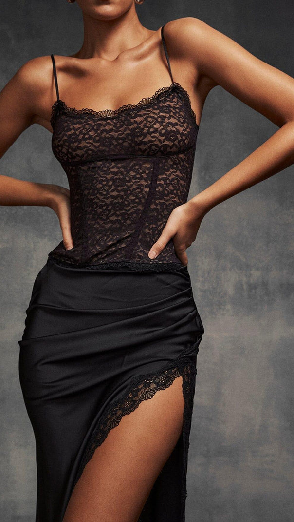 AIIZIE RUBY BLACK SATIN LACE TRIM TWO PIECE MIDI DRESS - product image