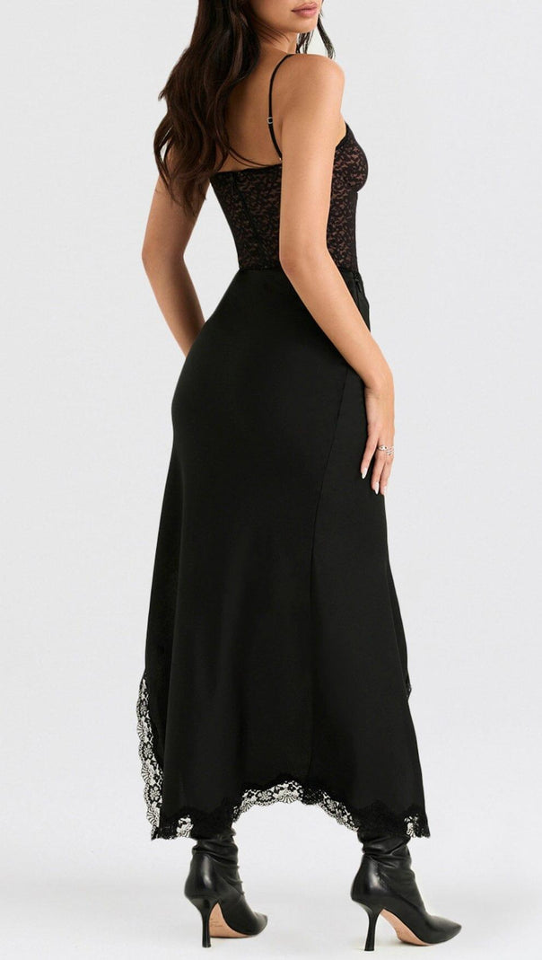 AIIZIE RUBY BLACK SATIN LACE TRIM TWO PIECE MIDI DRESS - product image