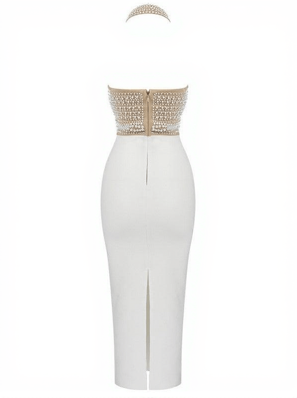 ISABELLA HALTERNECK PEARLS BANDAGE DRESS IN BEIGE