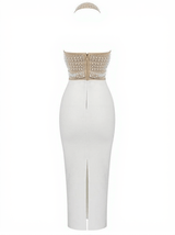 Isabella Halterneck Pearls Bandage Dress In Beige