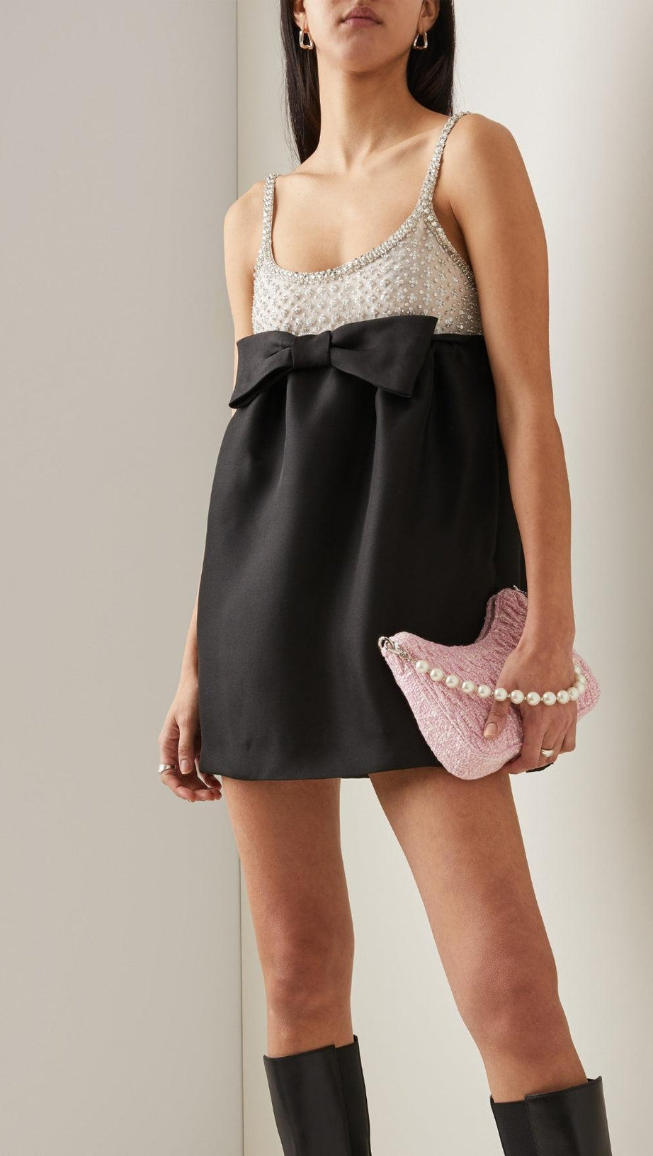 CRYSTAL EMBELLISHED ORGANZA SATIN MINI DRESS IN BLACK