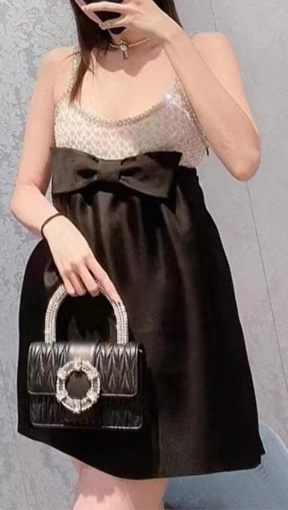 CRYSTAL EMBELLISHED ORGANZA SATIN MINI DRESS IN BLACK