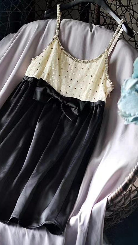 CRYSTAL EMBELLISHED ORGANZA SATIN MINI DRESS IN BLACK