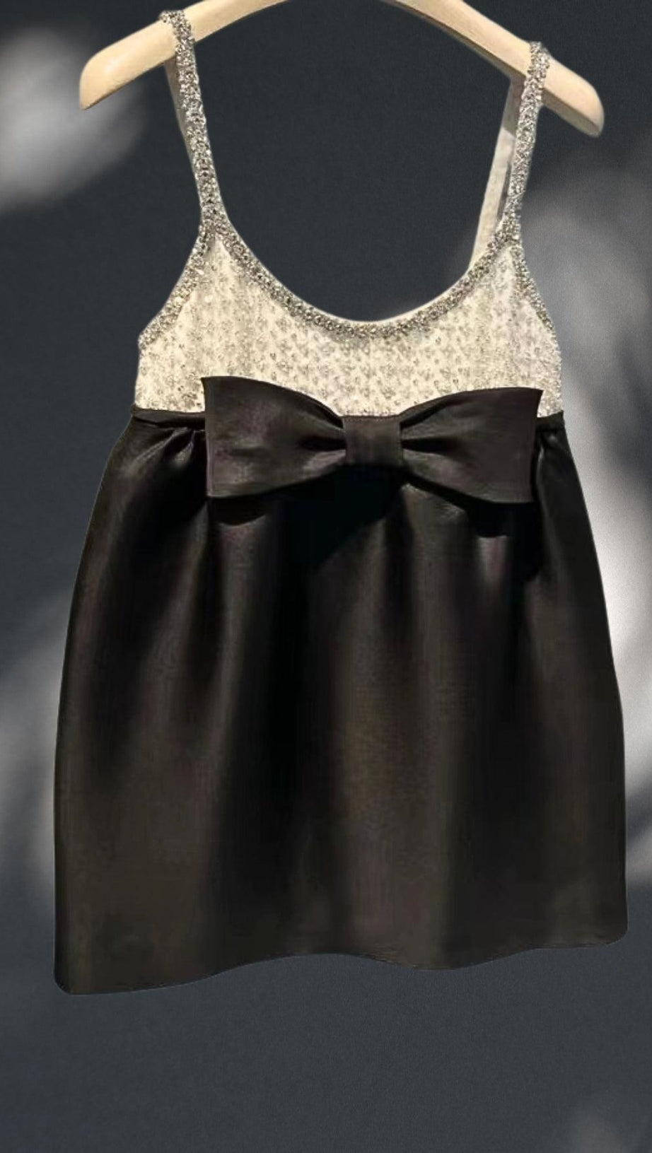 CRYSTAL EMBELLISHED ORGANZA SATIN MINI DRESS IN BLACK