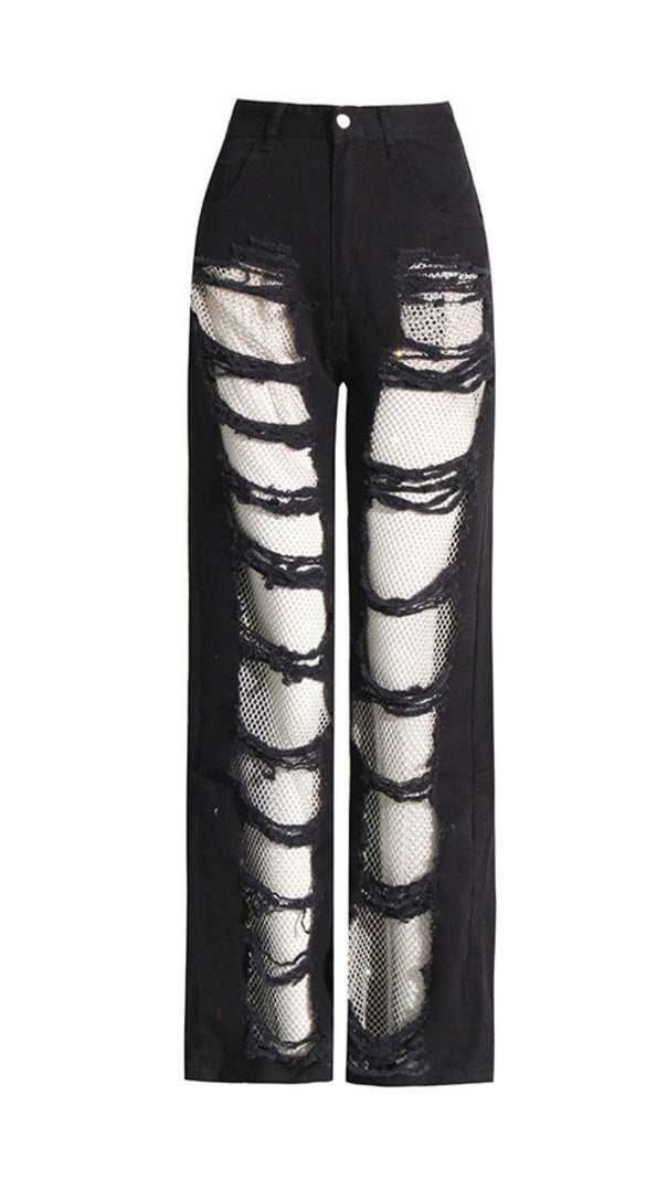 Diamond Mesh Patchwork Denim Pants