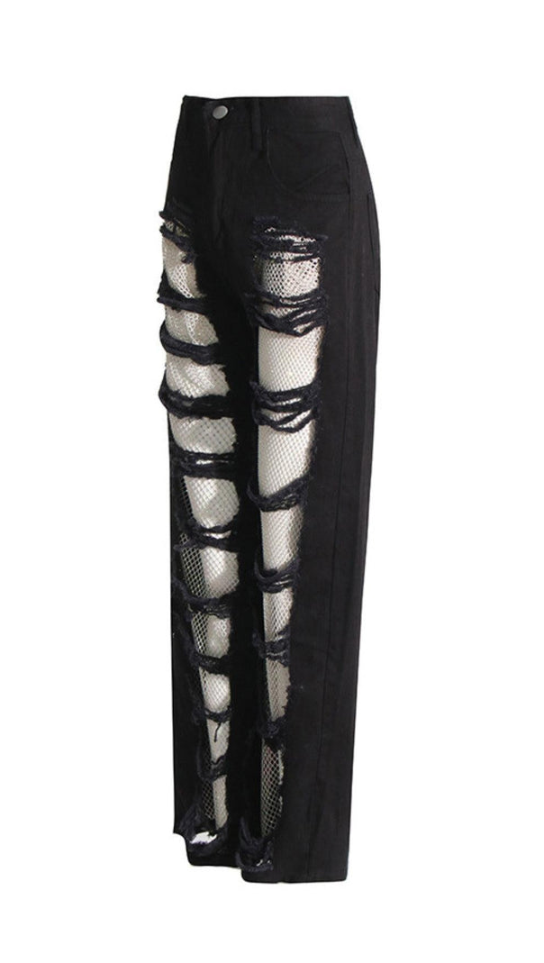 Diamond Mesh Patchwork Denim Pants