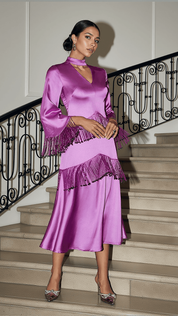 Thandie Satinkleid mit Glitzerfransen