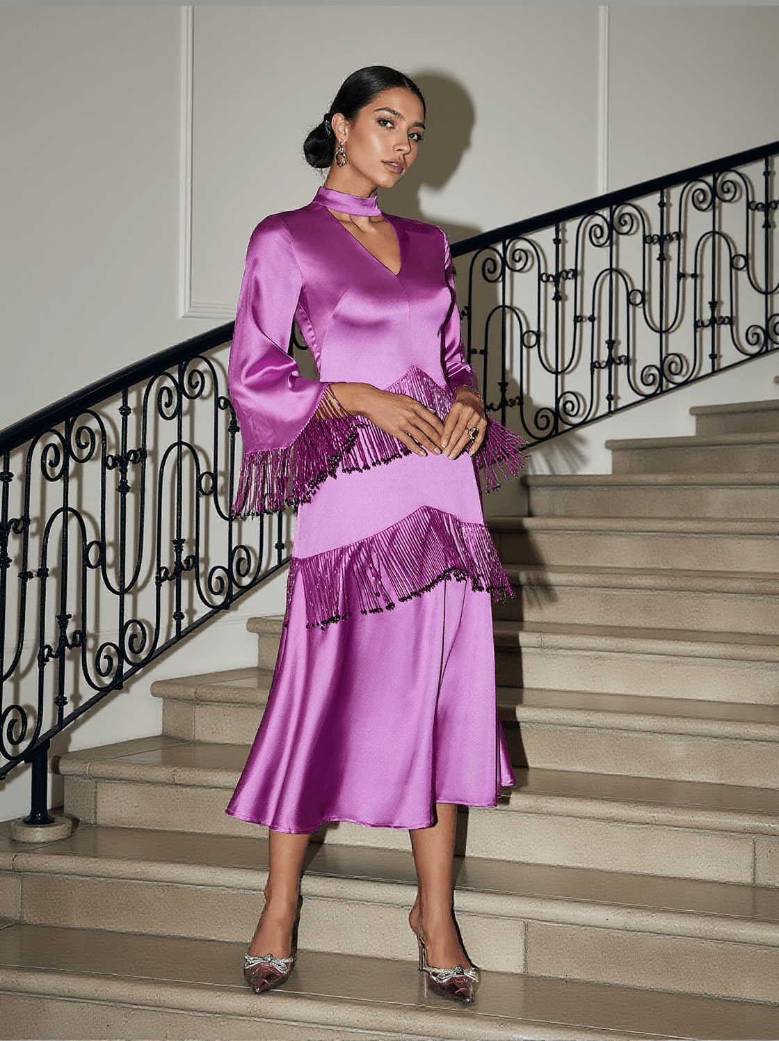 THANDIE GLITTER FRINGE SATIN DRESS