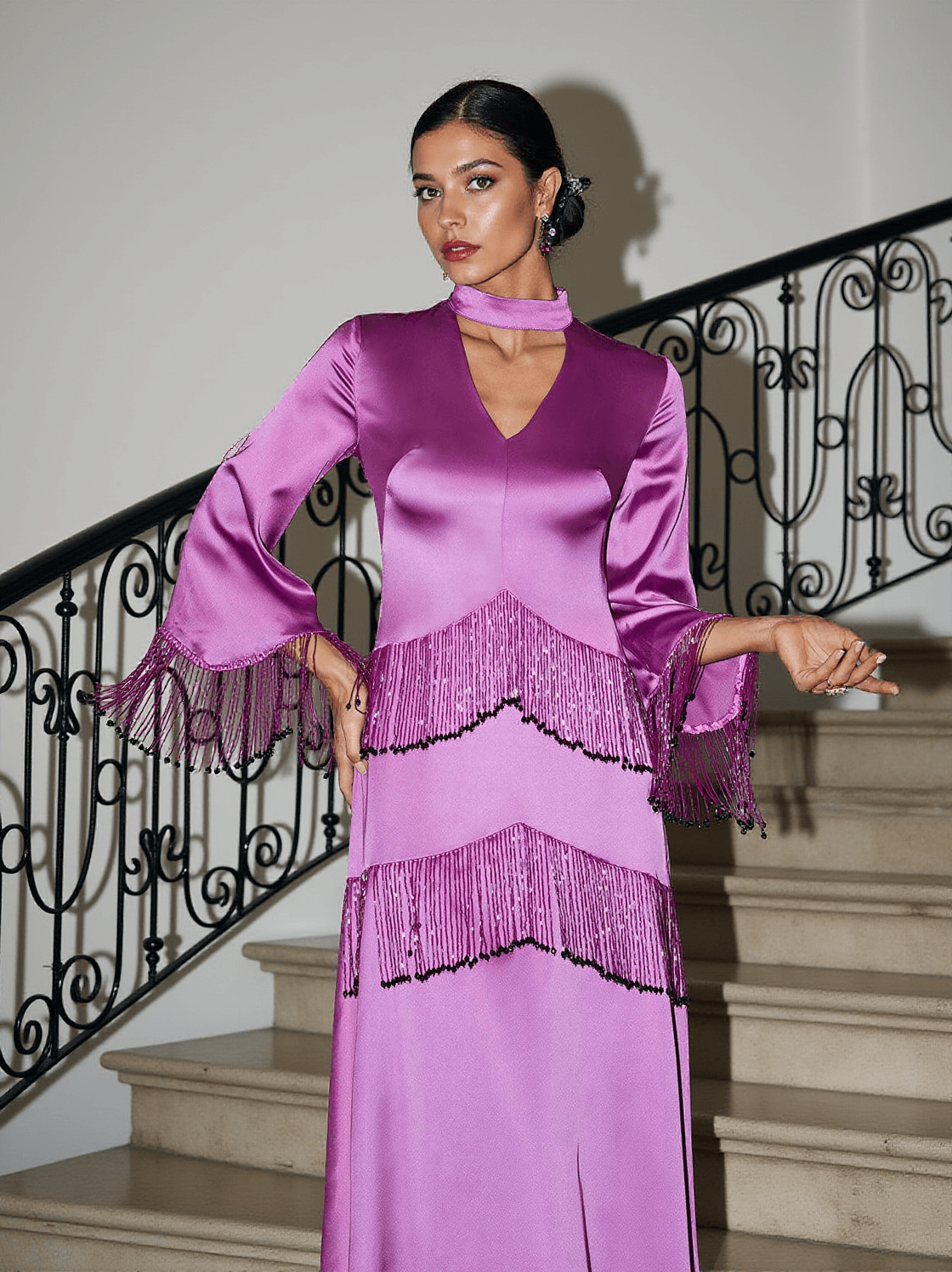 THANDIE GLITTER FRINGE SATIN DRESS