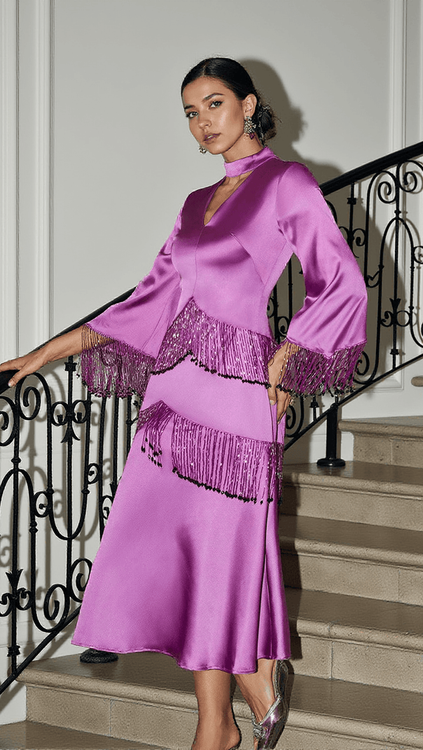 Thandie Satinkleid mit Glitzerfransen