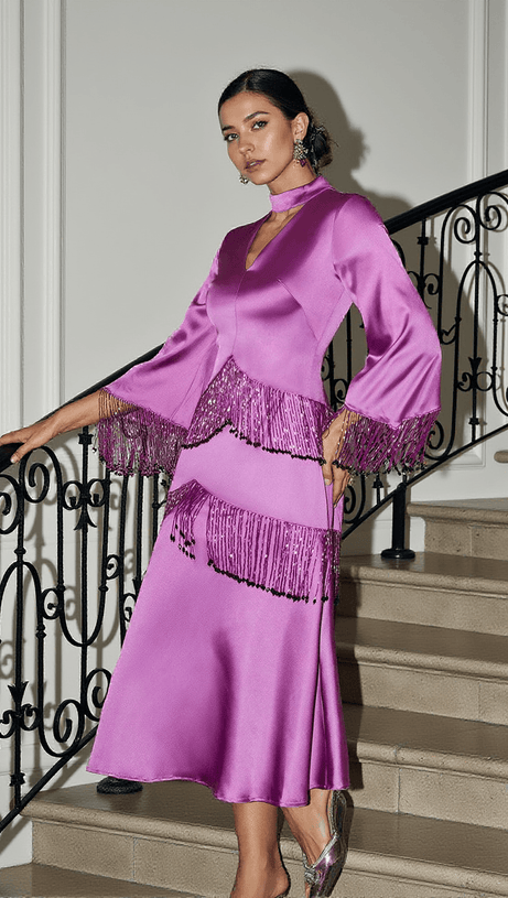 THANDIE GLITTER FRINGE SATIN DRESS