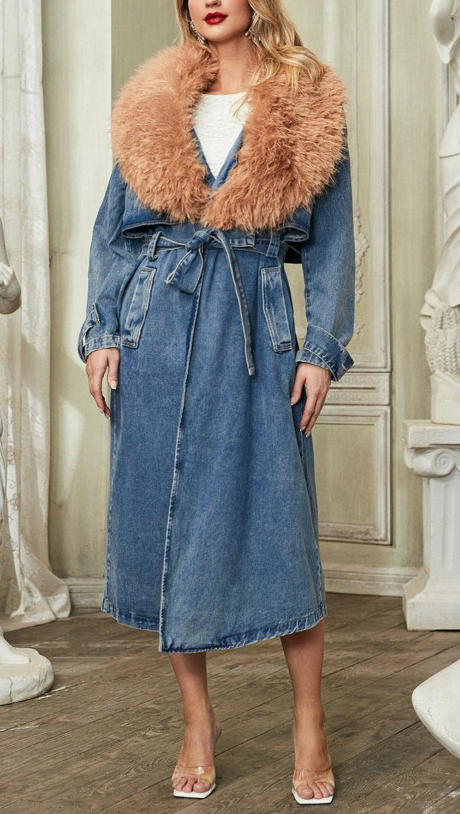 FAUX FUR COLLAR DENIM COAT