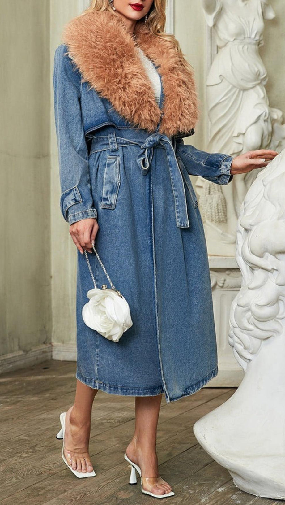 FAUX FUR COLLAR DENIM COAT