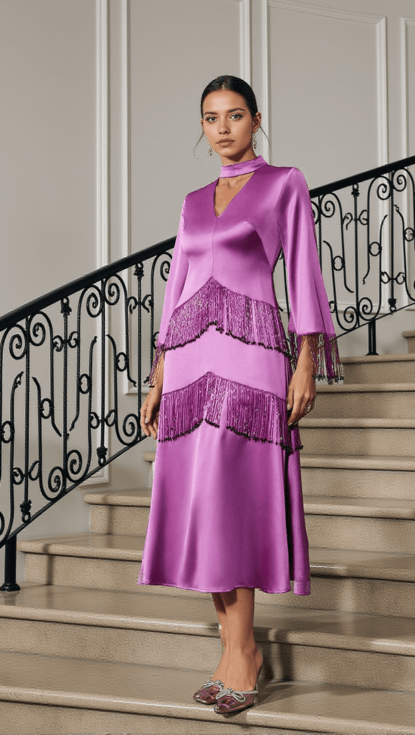 Thandie Satinkleid mit Glitzerfransen