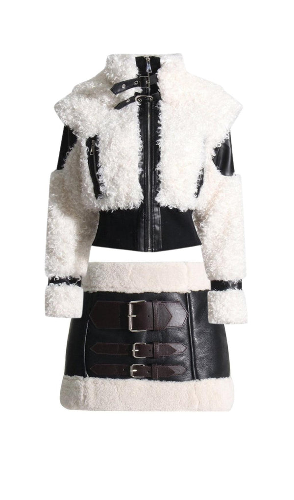 FAUX FUR PATCHWORK LEATHER SKIRT SET