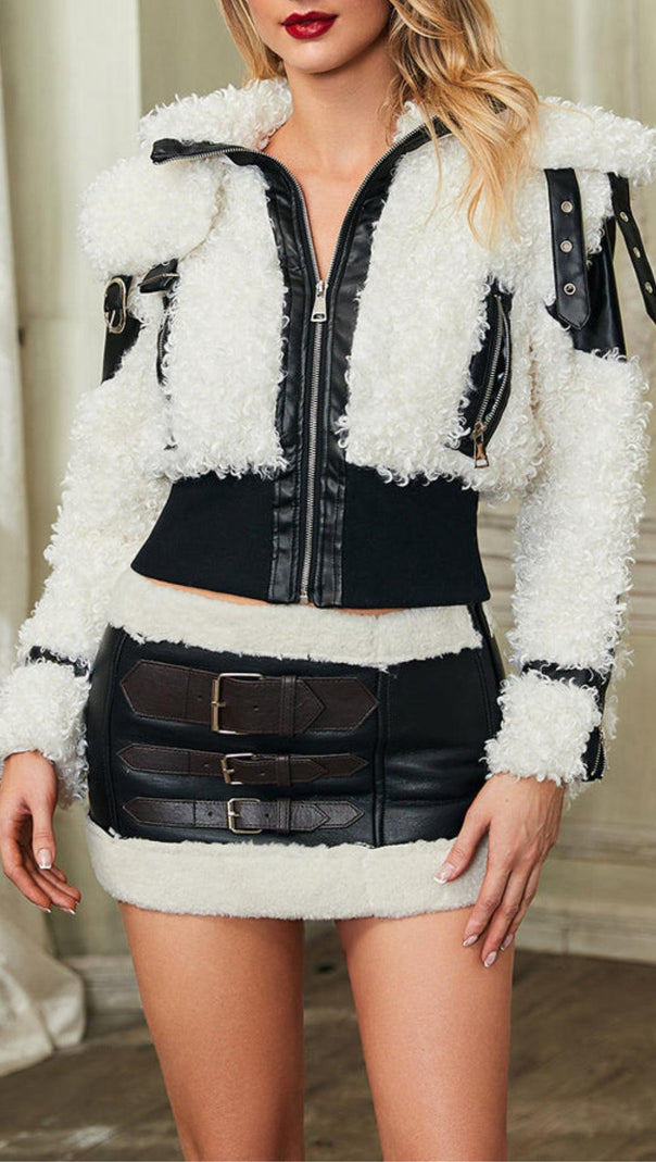 AIIZIE FAUX FUR PATCHWORK LEATHER SKIRT SET - product image