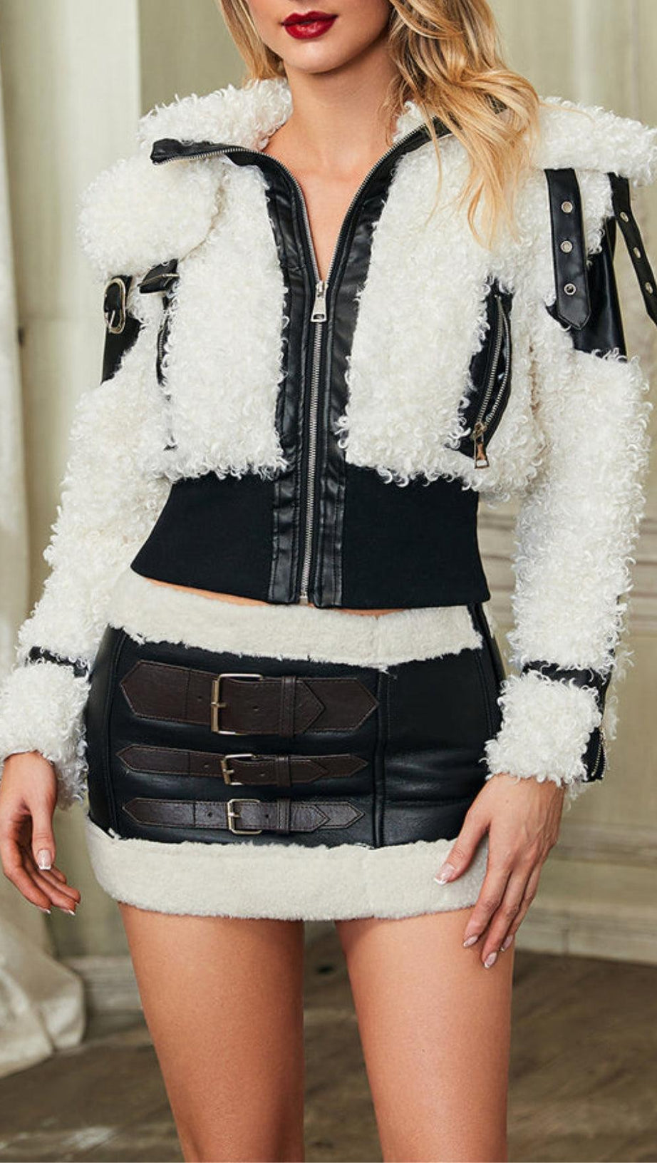 FAUX FUR PATCHWORK LEATHER SKIRT SET